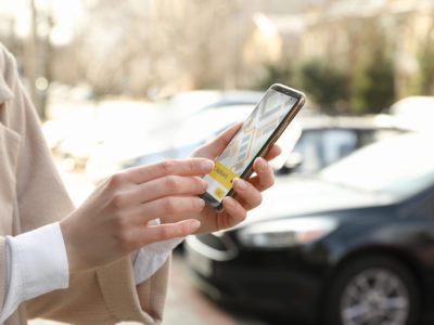 lyft accident lawyer Monmouth County, NJ - Woman ordering taxi with smartphone on city street, closeup