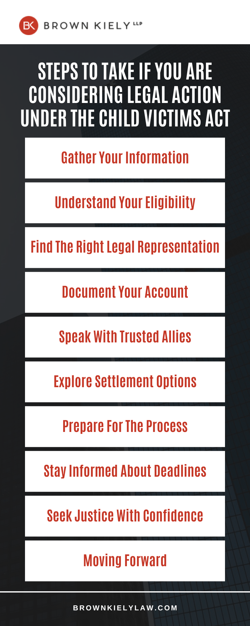 Steps To Take If You Are Considering Legal Action Under The Child Victims Act Infographic